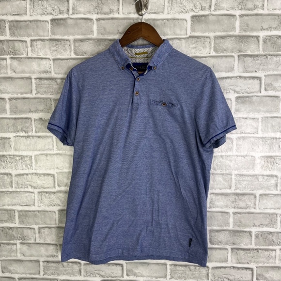 Ted Baker London Sky Blue Fine Stripped Collard Pocket Polo Shirt Mens Size 5 - Picture 2 of 7